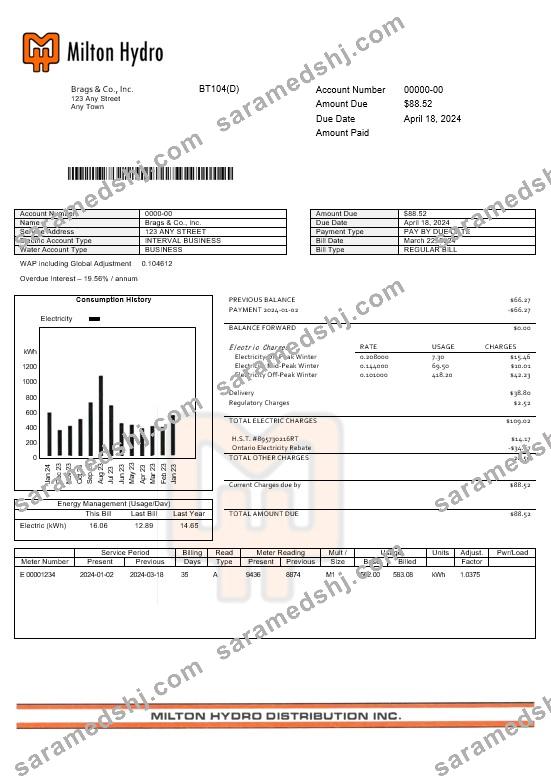 Canada Milton Hydro electricitybusiness utility bill Word and PDF formats